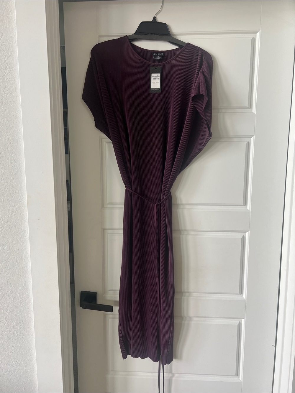 City Chic Plum Ribbed Midi Dress with Waist Tie